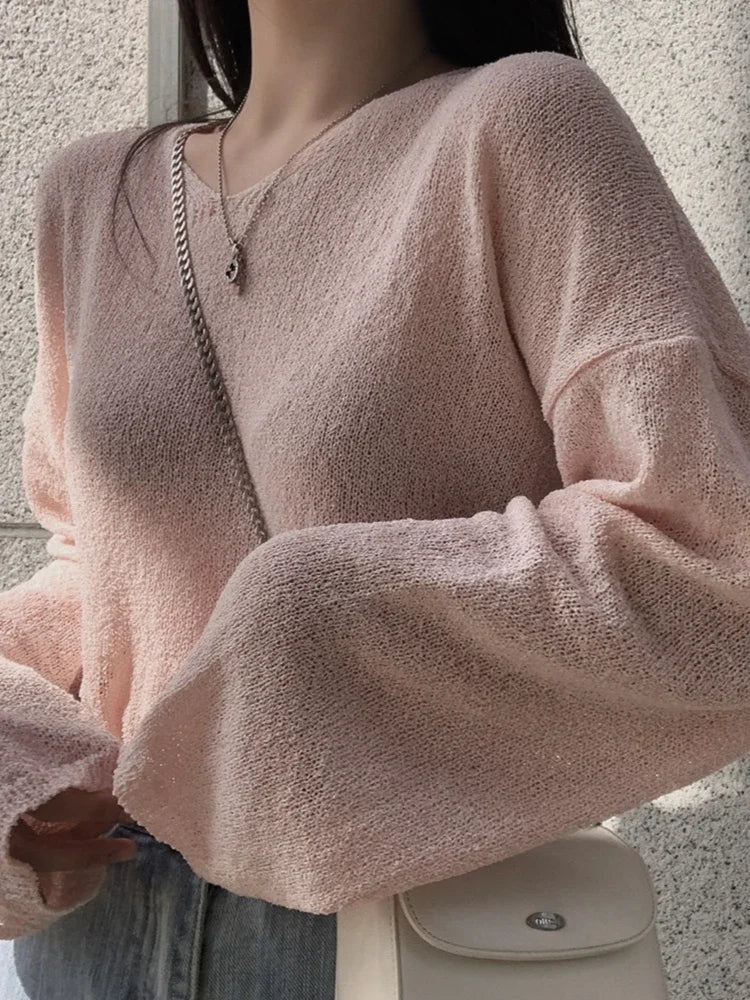 Loose Vintage Harajuku Long Sleeve Women Sweater Korean 2025 Spring Summer Knitwear Soft Thin Tops Chic Solid Femme Sweater
