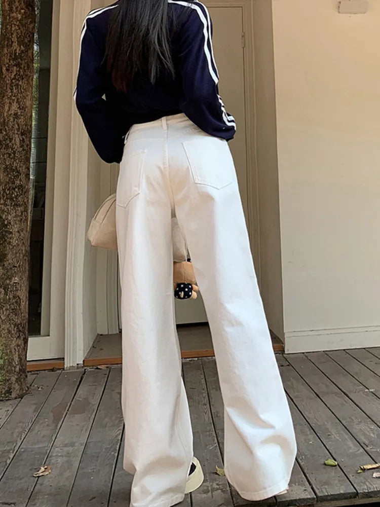 White Loose Straight Leg Jeans Women's Spring Summer New High Waist Slimming Versatile Long Pants Drapey Straight Cut Denim