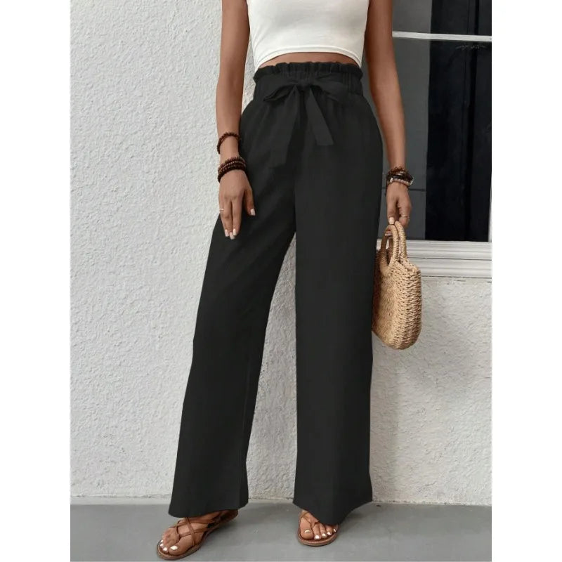 Plus Size 1XL-5XL Women's New Fashionable Solid Color Trousers Ladies Lace Up Waist Versatile Straight Leg Casual Pants
