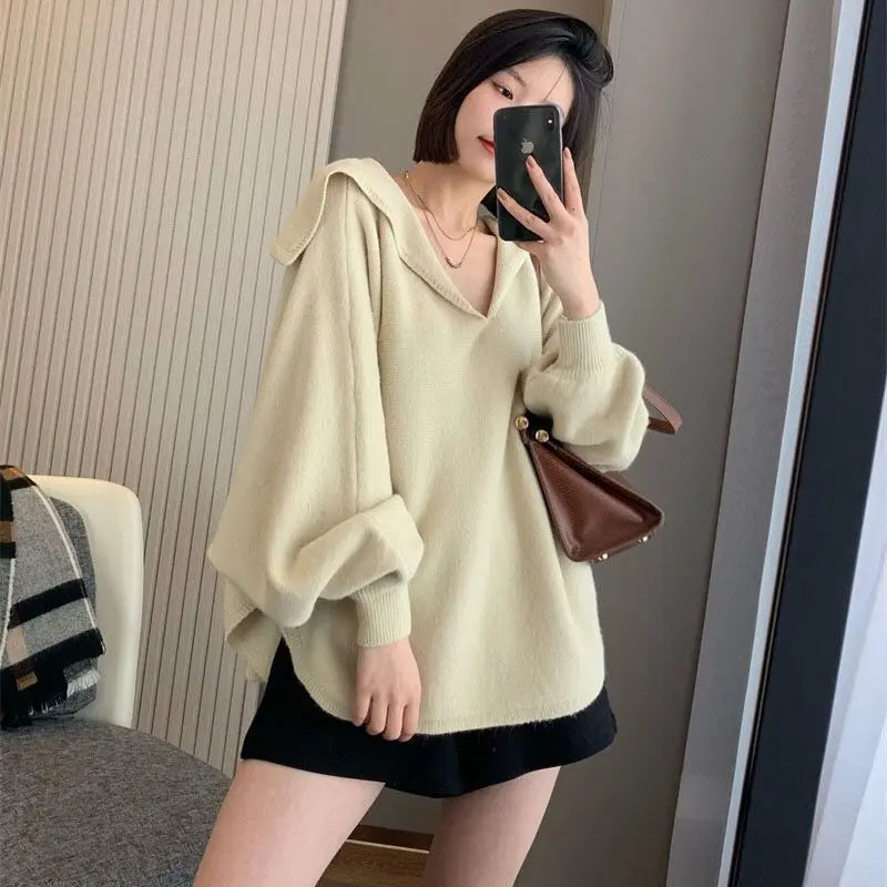 2025 French collar knitted sweater loose and lazy style new solid color temperament high-end shawl pullover sweater top