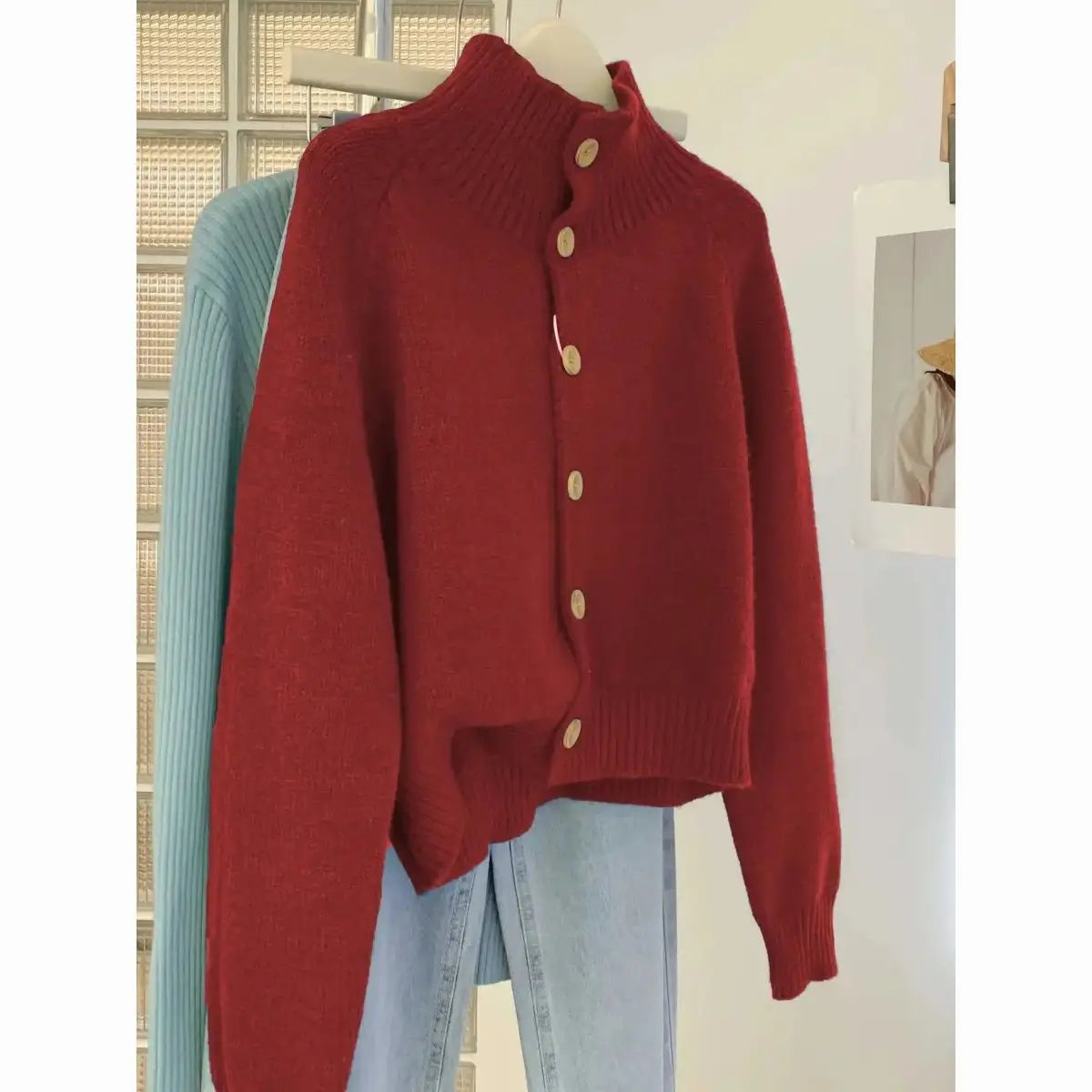 New Year Red Turtleneck Sweater Coat Knitted Cardigan Woman's Clothes Korean Fashion Loose Leisure Soft Warm Thick Youth Casual
