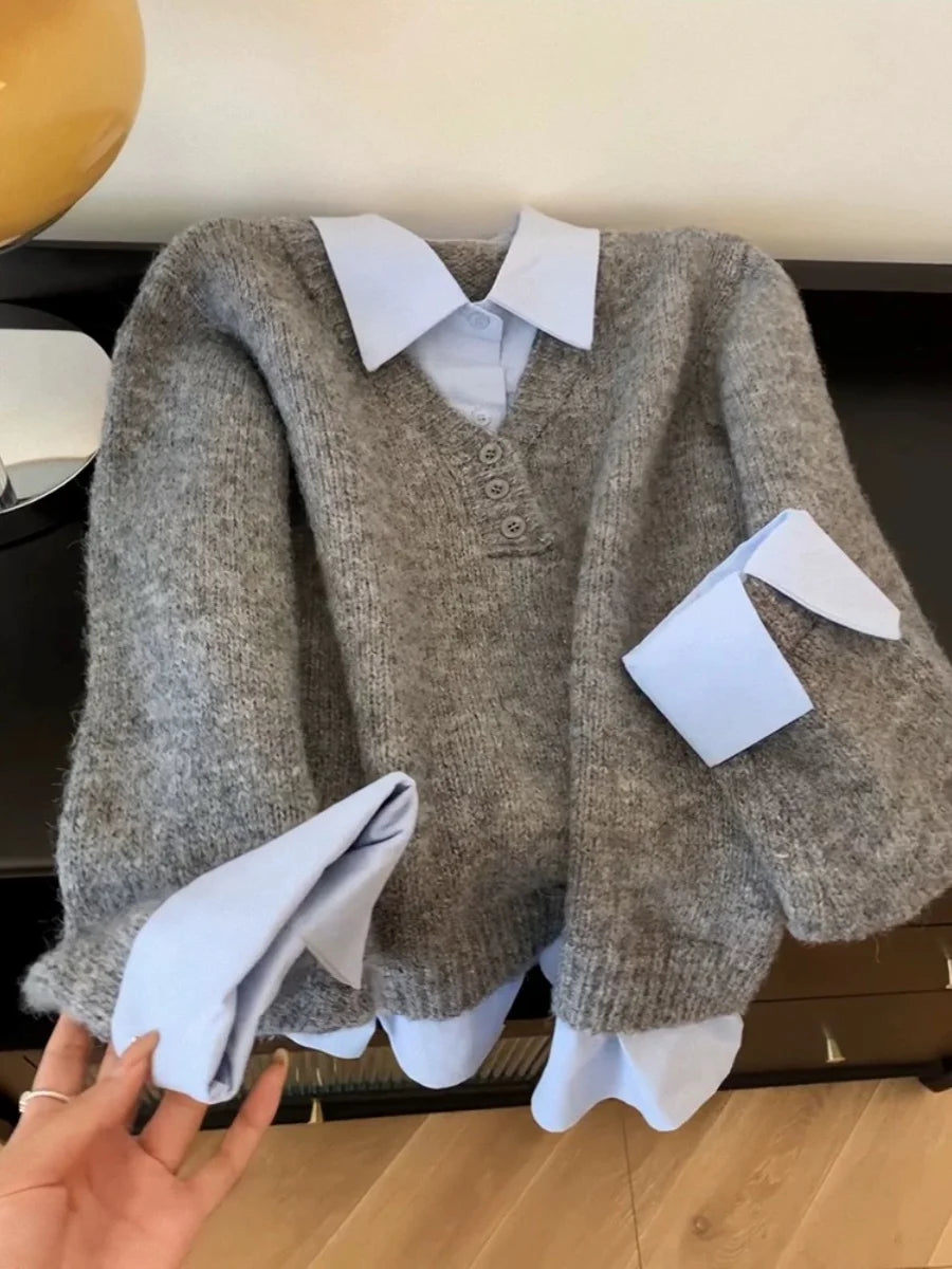 Women's New Style Grey Blue Contrast Sweater Fake Two Piece Stacked Spring Autumn Korean Turn-down Collar Design Knitted Top