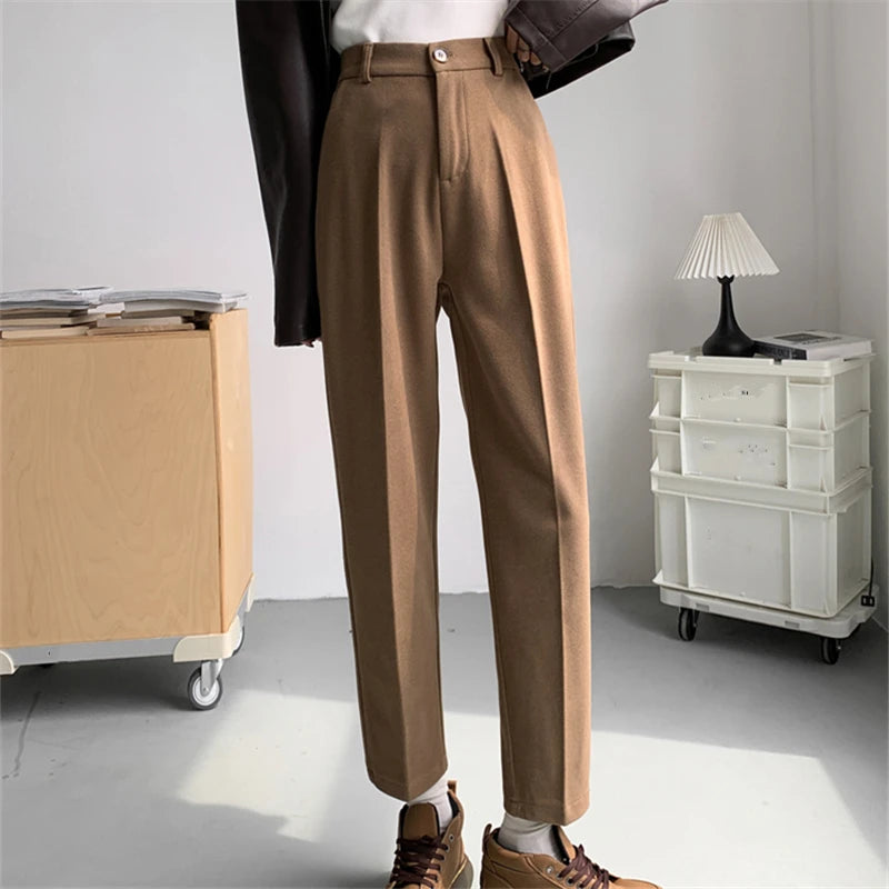 Autumn Winter 2024 New Woolen High Waist Suit Women's Ankle Length Harem Pants Female Elegant Minimalism Straight Trousers