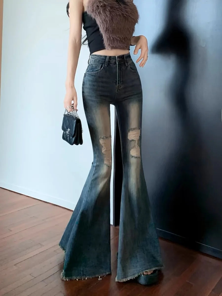 American Sle Retro High Waist Wide Leg Jeans Women's Long Pants Bell Bot Bootcut Denim Skinnifng Waed out Summer