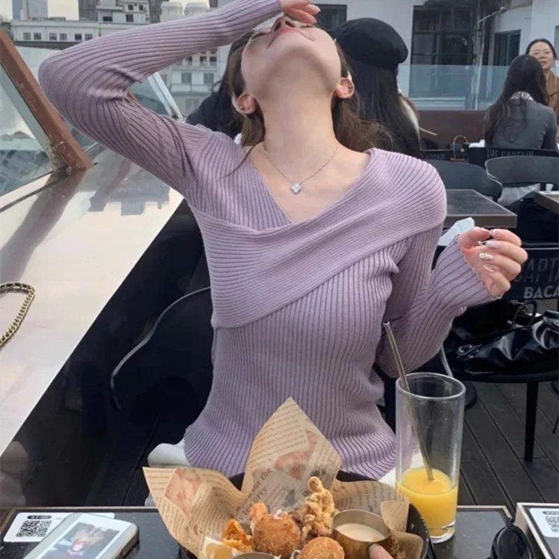 Fashion Korean Cross V-neck Knitted Pullover Autumn Slim Fit Sweater Knitted Top Elegant Solid Color Long Sleeve Women's Sweater