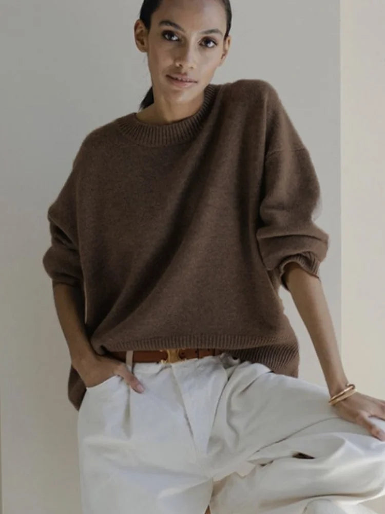 Solid Knitted Women Pullover Casual Round Neck Full Sleeve Loose Fit Basic Sweaters Lady New Fashion Autumn Daily Street Sweater