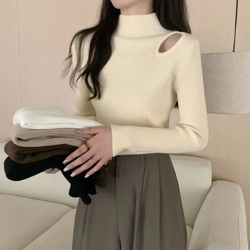 Thickened Half-turtleneck Sweater Base Shirt Women Autumn Winter New Hollow Design Off-shoulder Top