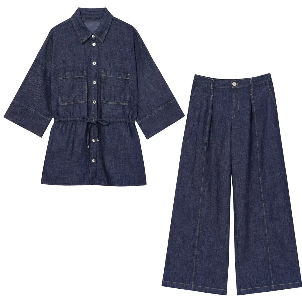 Women's Belt Decorative Collar Wide Sleeve Single breasted Cowboy Shirt Summer New High Waist Wide Leg Pants