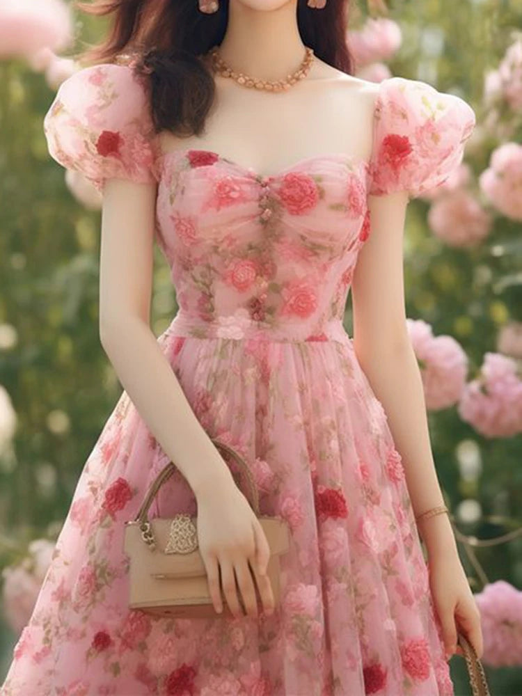 French retro rose V-neck bubble sleeve dress with summer niche design and waist cinching fairy long dress