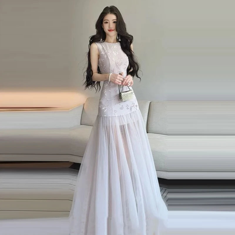 French high-end purple jacquard sleeveless vest dress vacation style splicing waist a-word long skirt