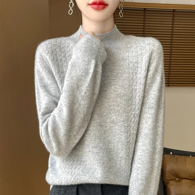 Women Basic 100% Merino Wool Mock Neck Sweater Pullover Cashmere Fashion Solid Color Long Sleeves Soft Comfortable Clothing Top