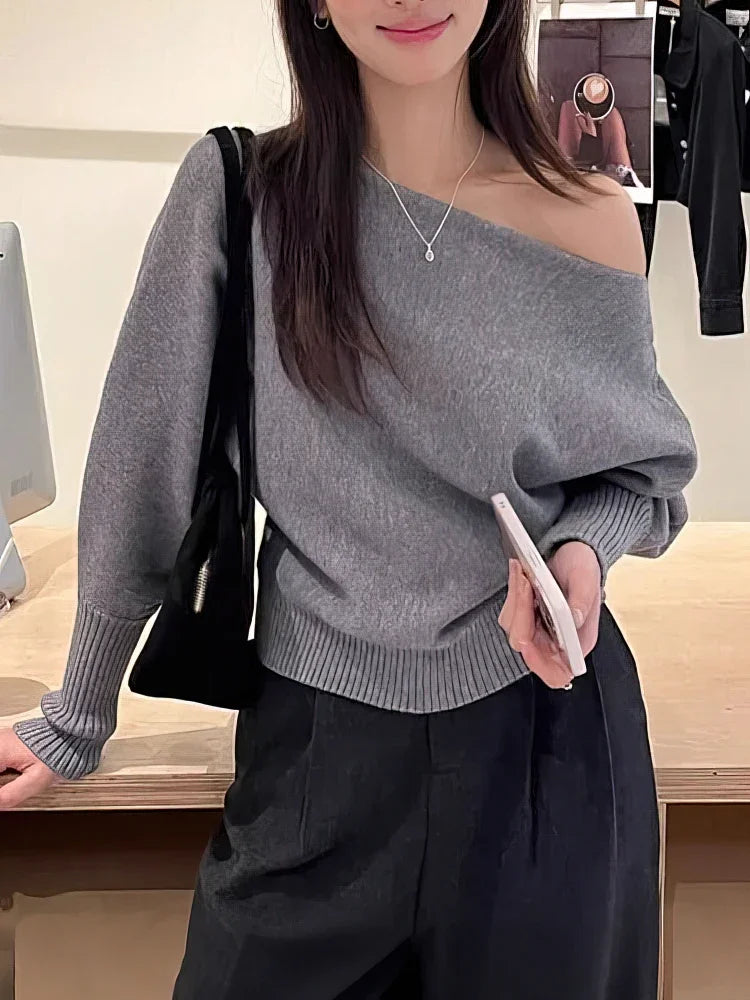 Batwing Long sleeve Knitted Pullover Women 380g Thick Off shoulder Top Korean Fashion Sweater Loose Casual Autumn Outwear Pull