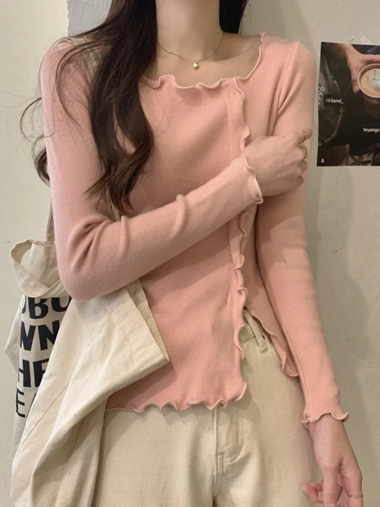 2025 Femme Solid Tops Autumn Winter Women Knitted Sweaters Casual Slim Ear Fungus Edge Long Sleeve Side Slit Pullover Clothing