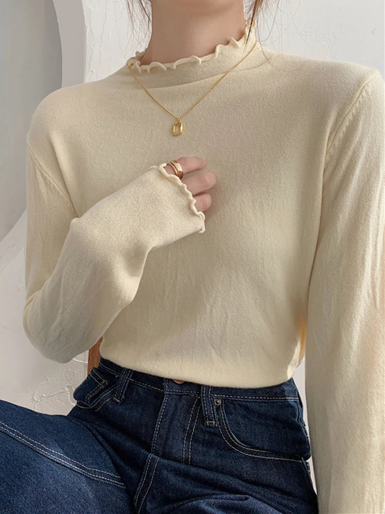 2025 New Women Sweater Autumn Long Sleeve Pullover Basic Top Fashion Ruched Elastic Female Winter Solid Knitted Jumper