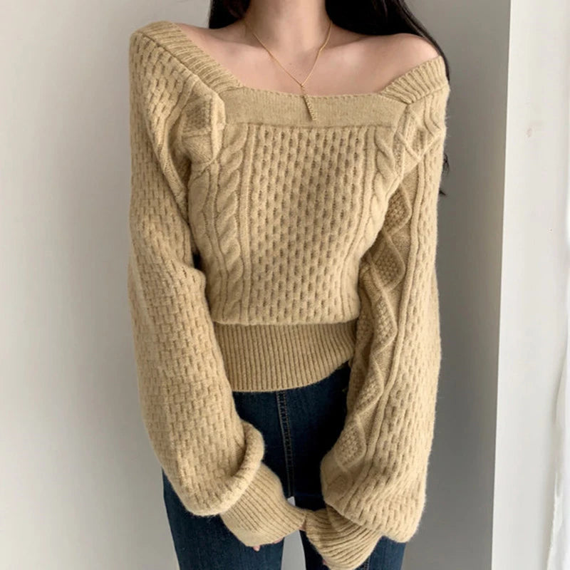 Square Collar Fashion Pullover Sweater Autumn Women Long Sleeve Elegant Knitted Top Lantern Sleeve Pullover Loose Warm Knitwear