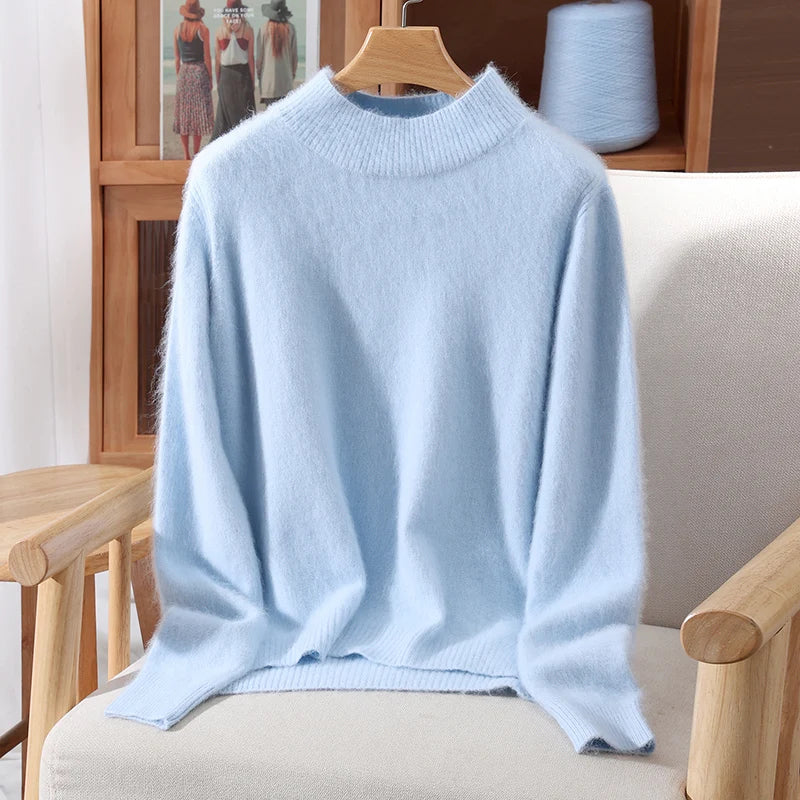 Women's 100% Mink Cashmere Sweater Mock Neck Pullover Double Side Slits Front Short Back Long Autumn Winter Soft Casual Knitwear
