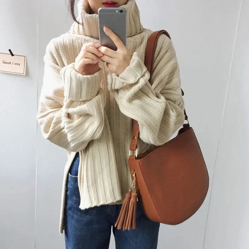 Autumn Winter Fashion Turtleneck Casual Pullover Sweater Women Long Sleeved Elegant Loose Knitted Solid Split Simple Knit Tops