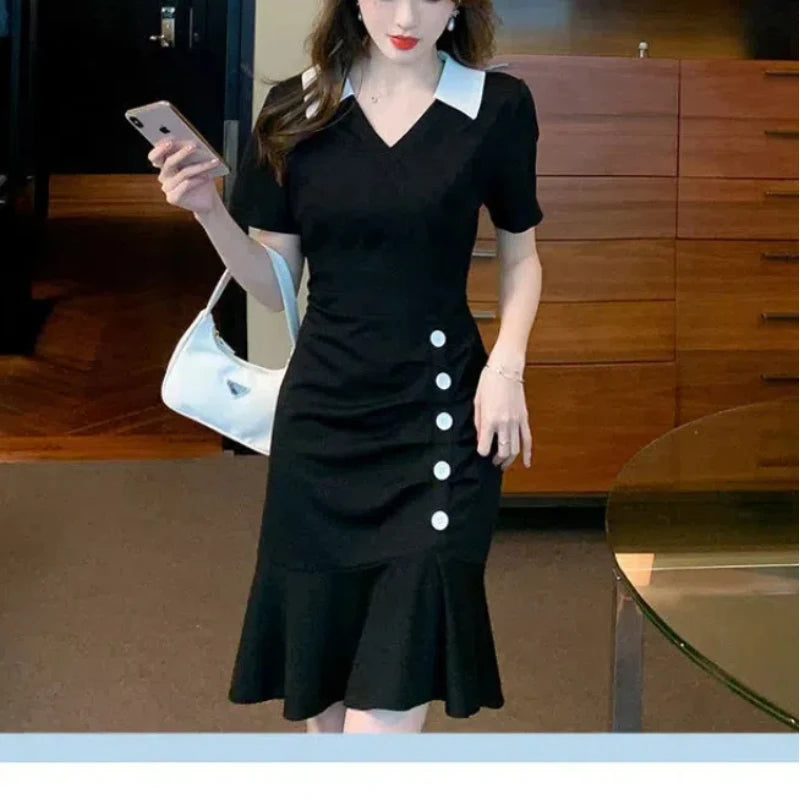 Women's Clothing Button Short Sleeve Summer Peter Pan Collar Ball Gown A-Line Commuter Knee Skirts Pleated Preppy Style Dresses