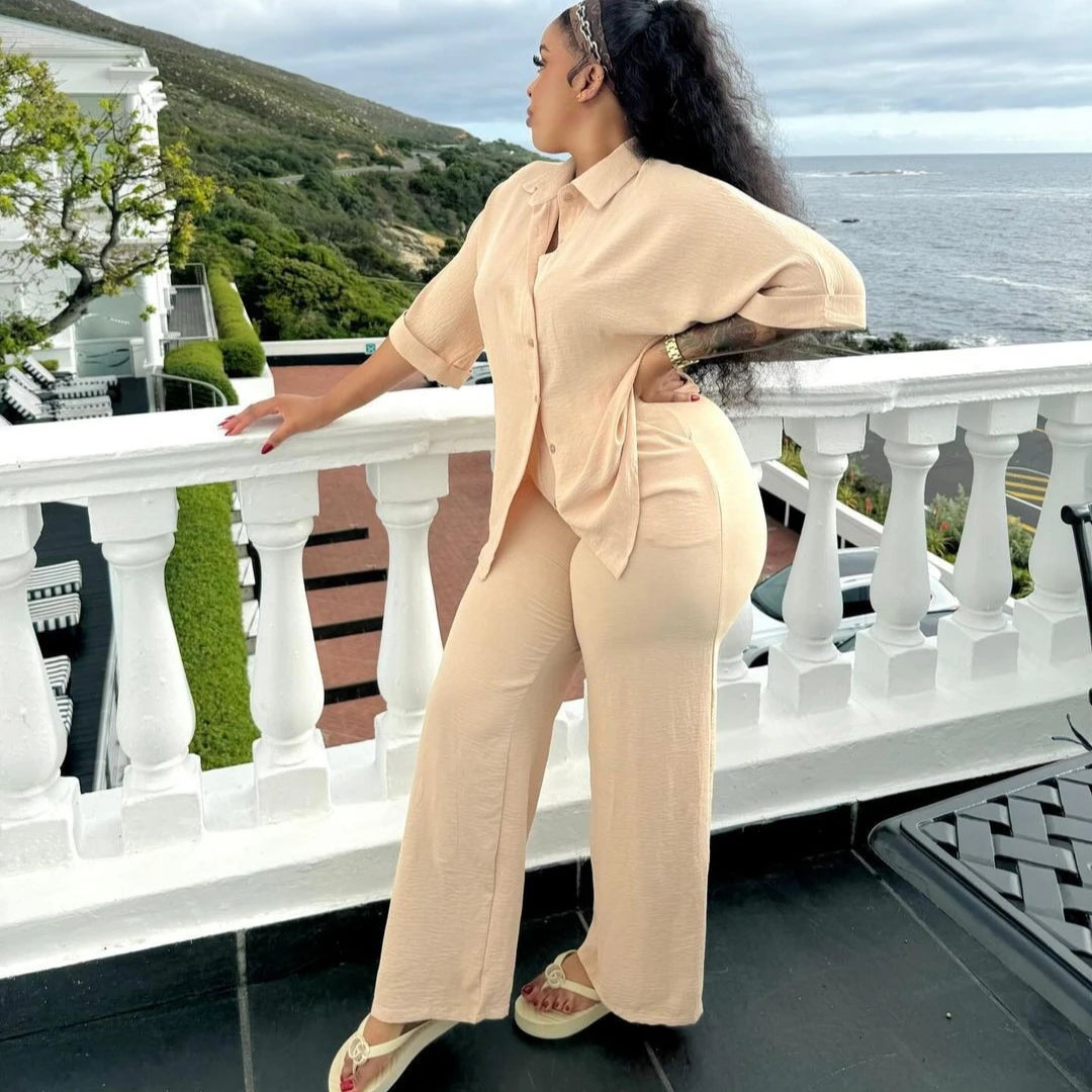 Pant Set Women Two Piece Sets Turn Down Collar Matching Sets Shirt Tops Casual Loose Wide Leg Long Pants Elastic Waist 2025