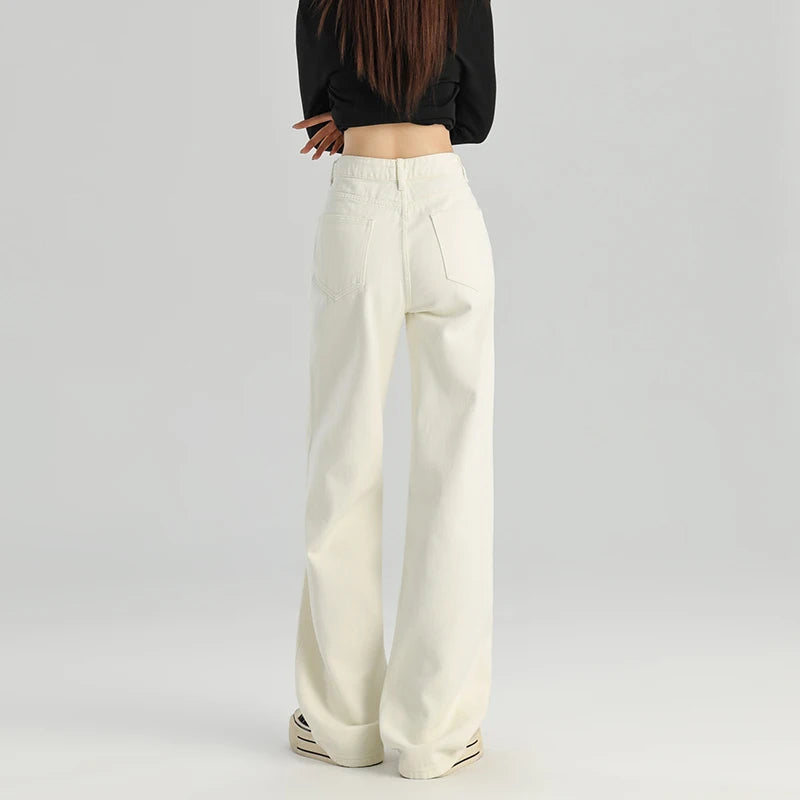 Comfortable Womens Straight Jeans Skin Friendly Leisure Trendy Lightweight Artistic High Waist Wide Leg Trousers Simple Solid