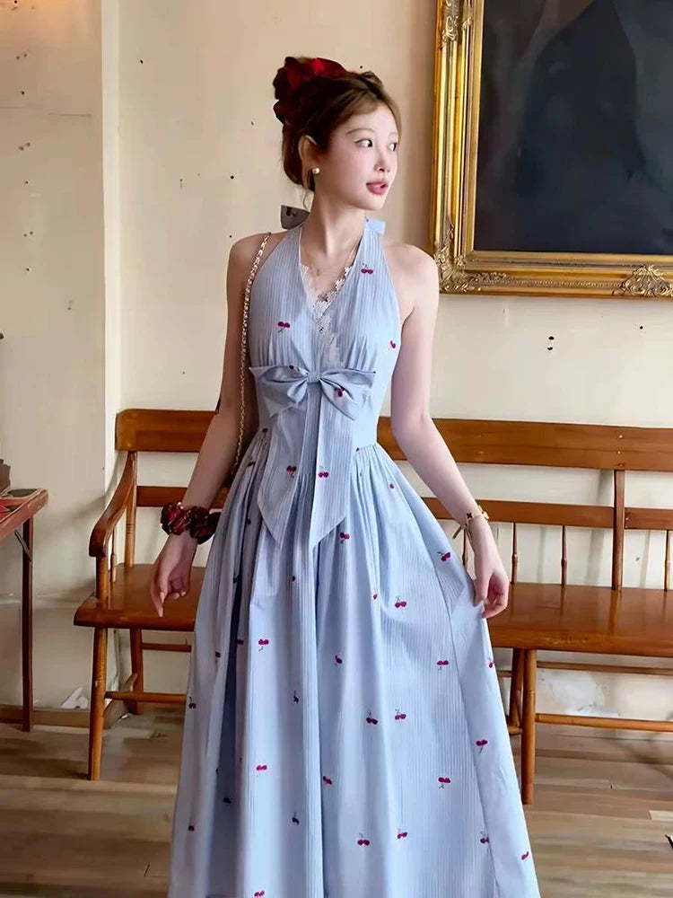 Stripe Print Halter Neck Dress Women Summer Sexy Backless Bow Female Midi Dress Y2K Sweet Lace Patchwork Midi Vestidos Mujer