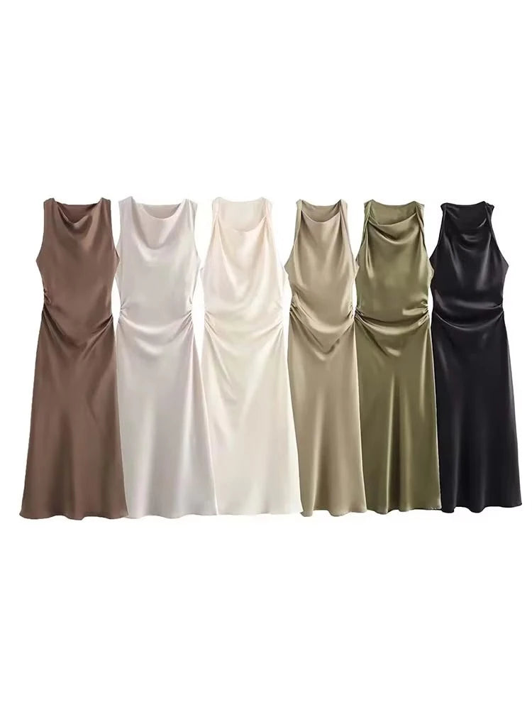 Satin Long Dresses for Women 2024 Summer Slip Midi Dress Woman Sexy Evening Party Dress Sleeveless Female Elegant Dresses