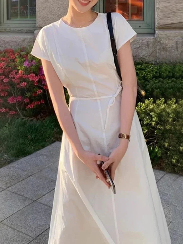 Summer Fashion Elegant Women's Solid Color Short Sleeve Casual Flying Sleeve Dress Korean Women Round Neck Long Tie Fit Dress