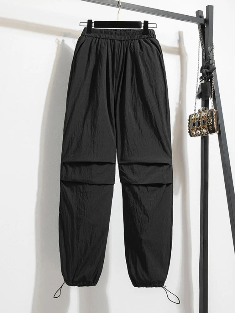 2025 Plus Size Cargo Pants Women Casual High Waist Drawstring Elastic Waist Wide-Leg Trousers Vintage Wrinkled Versatile Pants