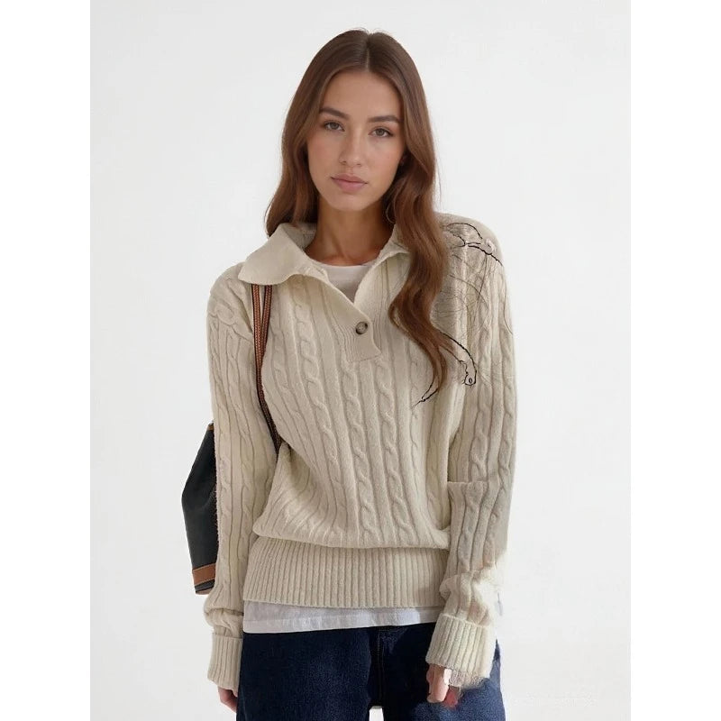 Korean Turn-down Collar Solid Women's Sweater Sweet Fried Dough Twists Sweater Casual Versatile Simple Knitting Pullover Tops