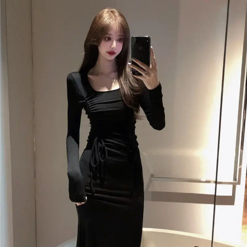 Drawstring Sheath Style Black Dress For Women Spring Autumn New French Slim Fit Fishtail Dress Female Sweet Long Sleeve Dresses