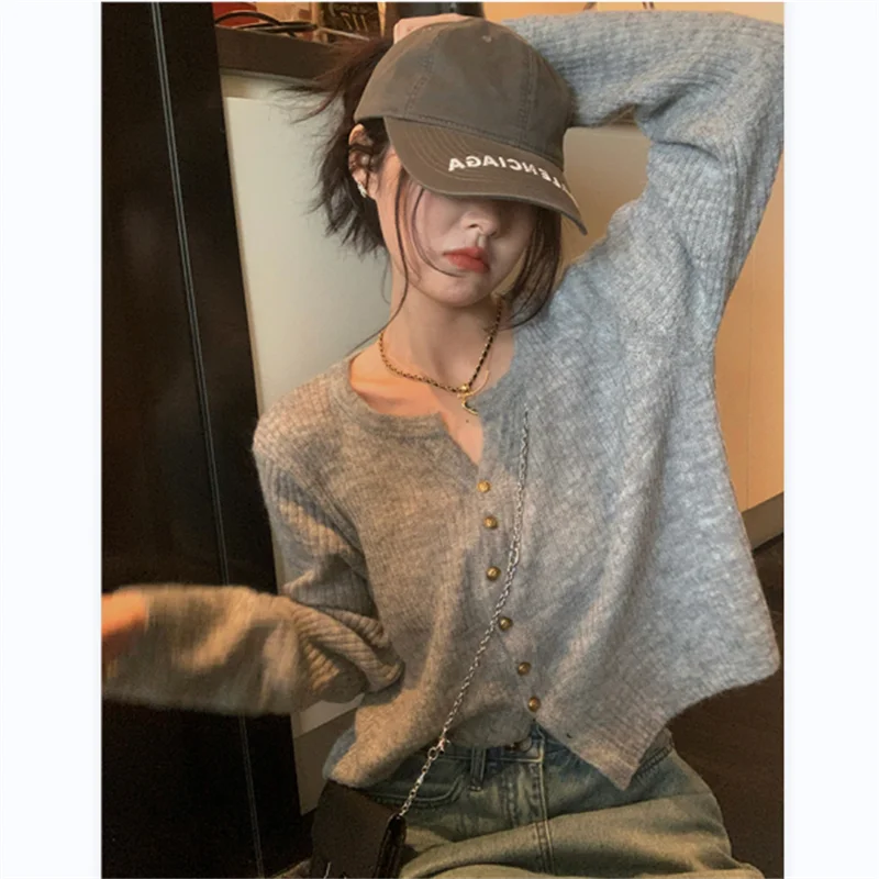 Sweaters Jumpers Women's Clothing Cardigan Korean Fashion Loose Buttons Solid Color O-neck Long Sleeve Office Lady Simplicity