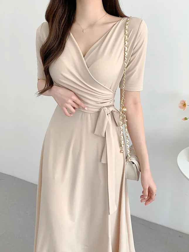 Summer Women's Cross V-ne Gown Side Slit Long Skirt ort Sve Bubble Sve Pure Color Folded  Belted Waist Dr