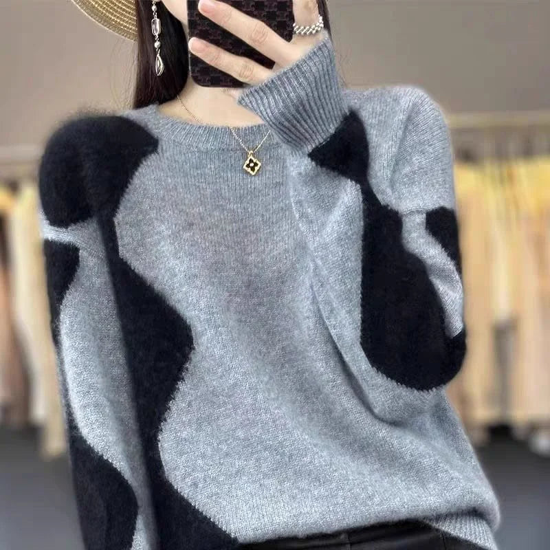 New Style Lazy Style Color-blocking Round Neck Pullover Knitted Fashionable Inner Base Shirt