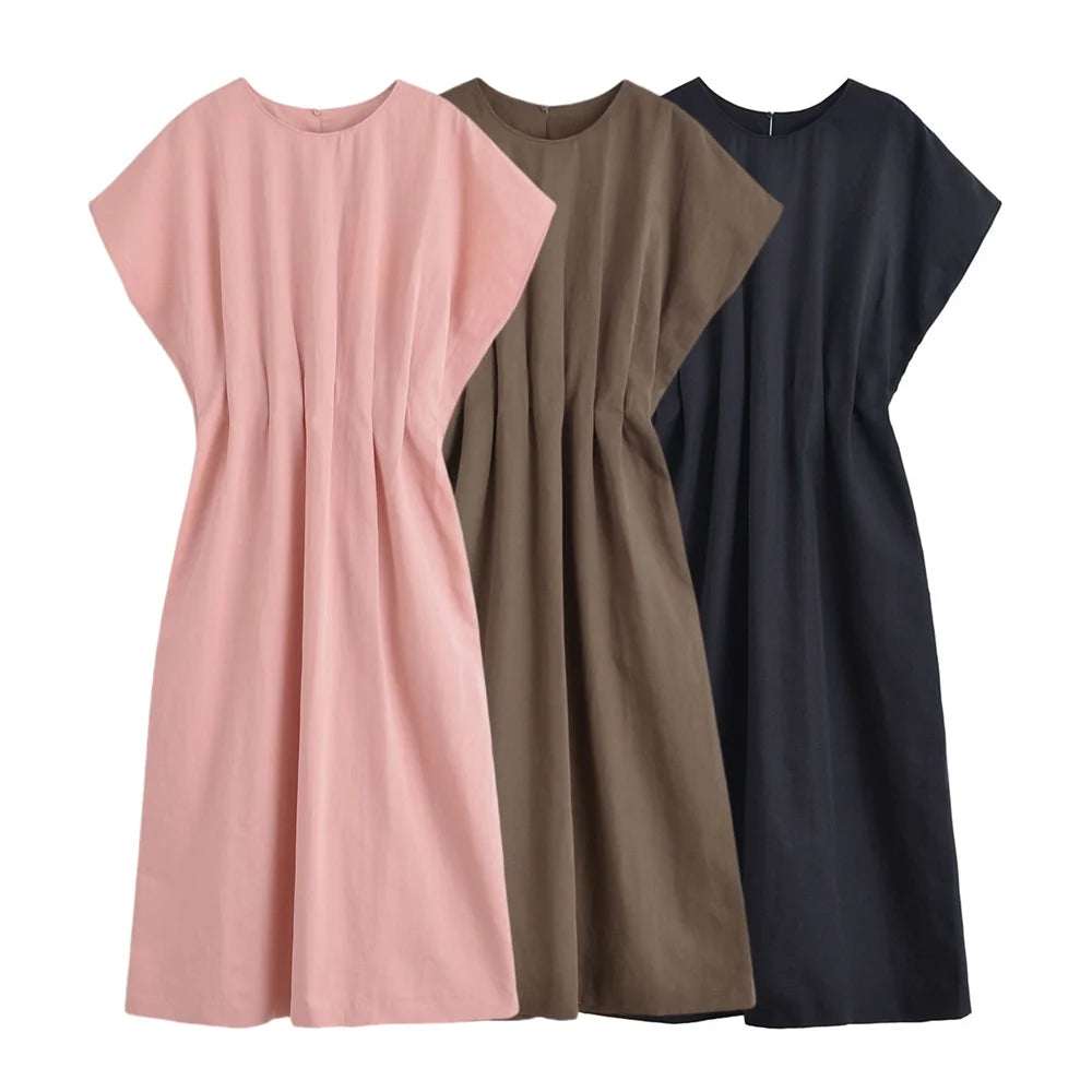 2025 Summer New Women's Clothing Round Neck Pleated Decorative Short Sleeve Slim Long Skirt Midi Dress