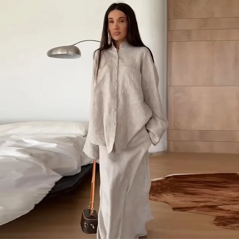 Cotton Lined Women Skirts Sets Loose Single Breasted Full Sleeve Oversize Shirts High Waist Long Skirt Suit Female Summer Outfit