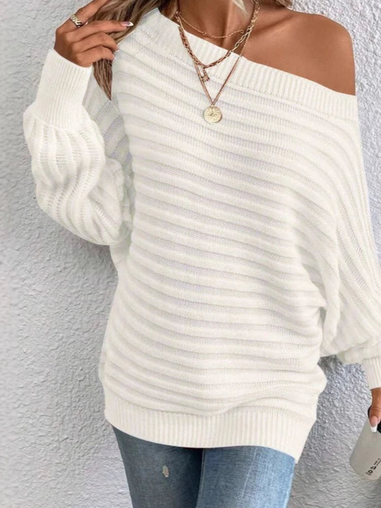 New in Autumn Winter Knit Women Elegant Fashionable Versatile Pullover One Shoulder Batwing Sleeve Crewneck Sweater for Women