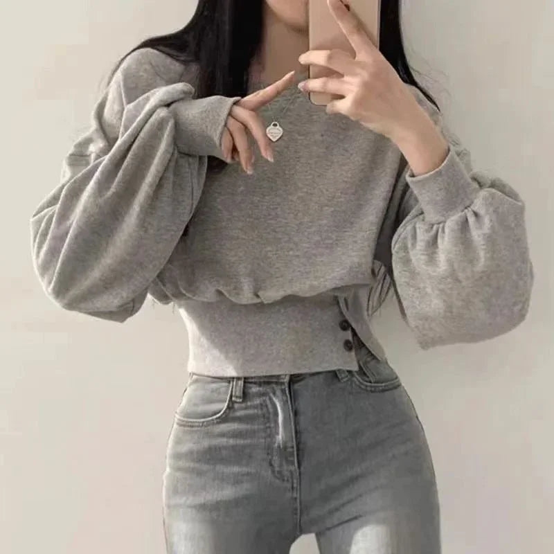 Autumn Women Sweet Chic Street Wear Solid O-Neck Slim Crop Top Lantern Sleeve With Button Sweat Casual Hip-Hop Sporty Pullover