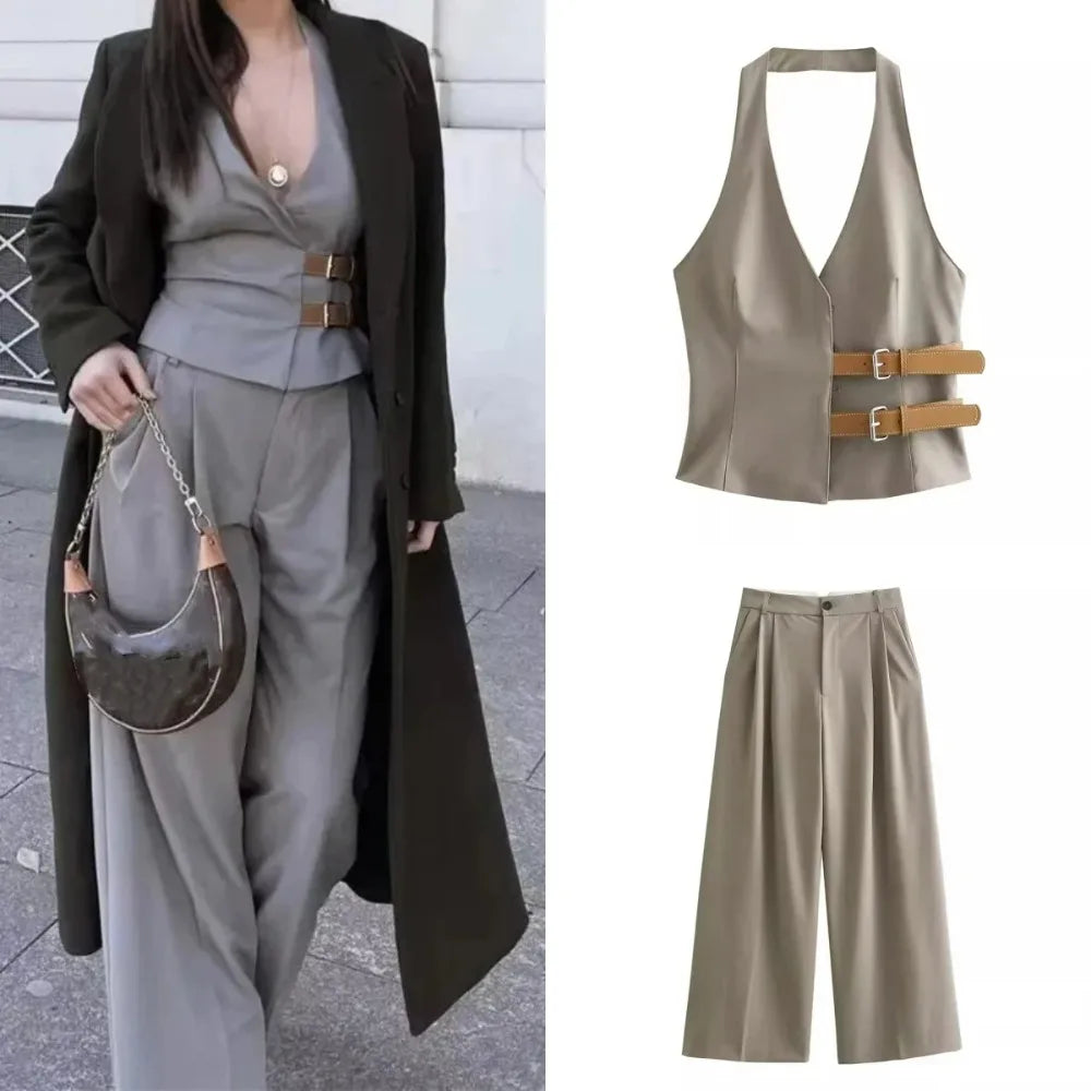 Spring/Summer New Women's Style Slimming with Belt Hanging Neck Tank Top High Waist and Long Pants