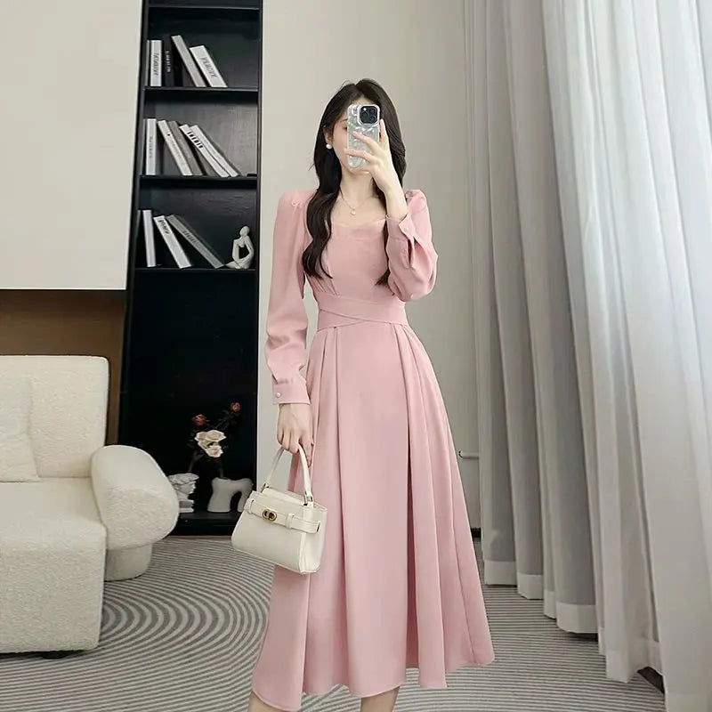 Women's Spring Fashion Simplicity Solid Color Square Collar Long Sleeve Dresses Women Clothes Casual Temperament Elegant Dress