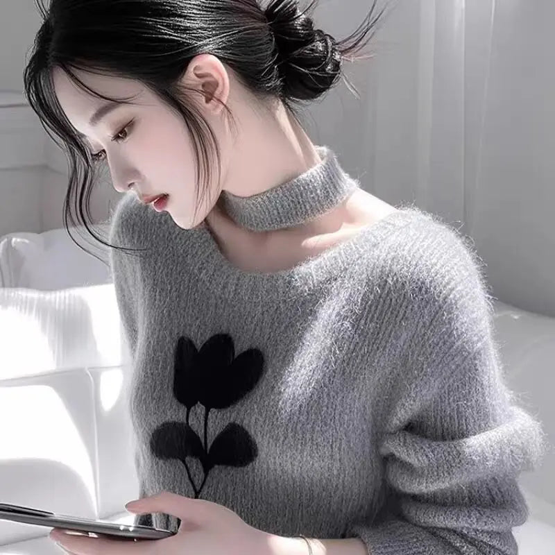 Women's Clothing Casual Grey Floral Sweaters Autumn/Winter Long Sleeve Knit Temperament Pullover Lady O-neck All-match Solid Top