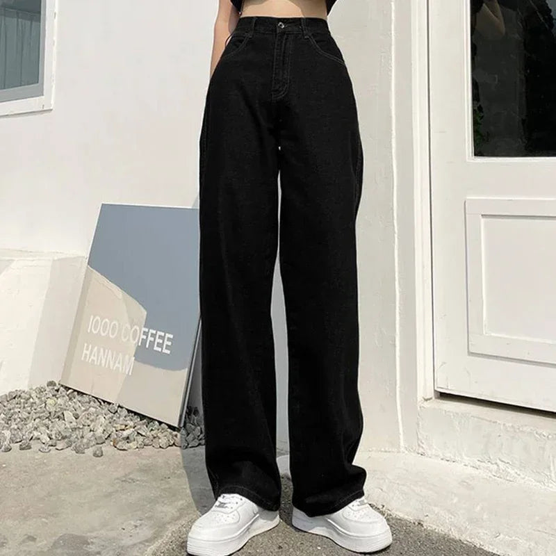 Woman High Waist Vintage Punk Wide Leg Jeans Female Wild Streetwear Straight Leg Pants Girls Fashion Beige Black Denim Trousers