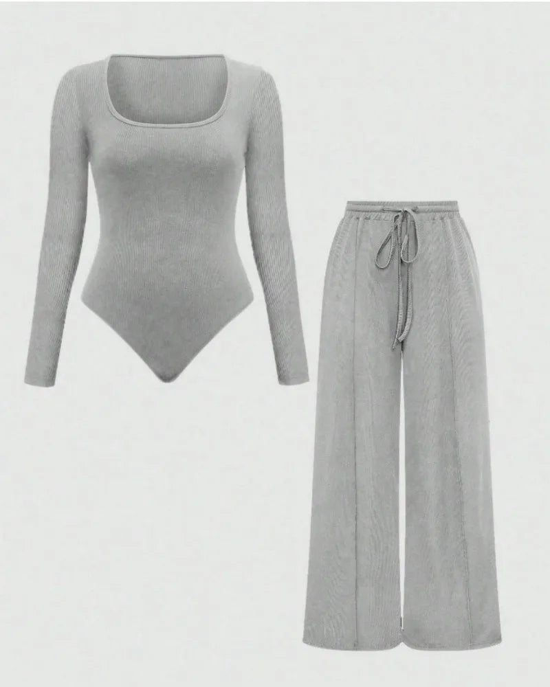 Women's 2-piece long sleeved tight and sexy jumpsuit with wide leg pants, women's suit