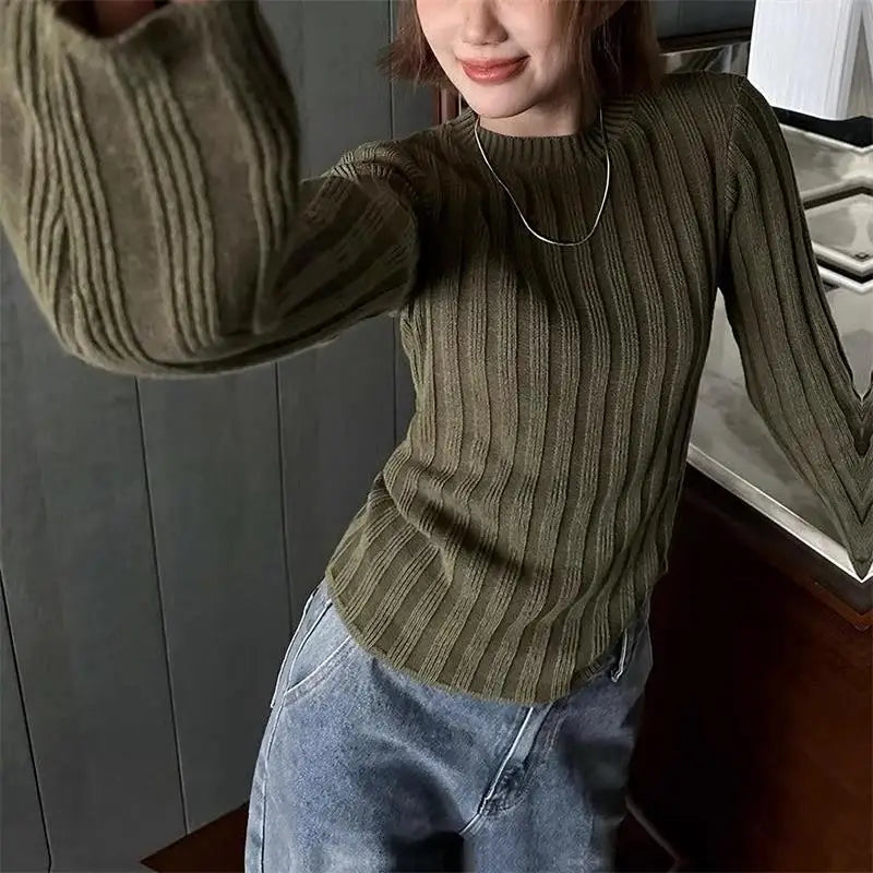 Elegant Solid Basic Knitted Tops Women O-Neck Sweater Long Sleeve Top Casual Slim Pullover Korean Fashion Simple Chic Clothes