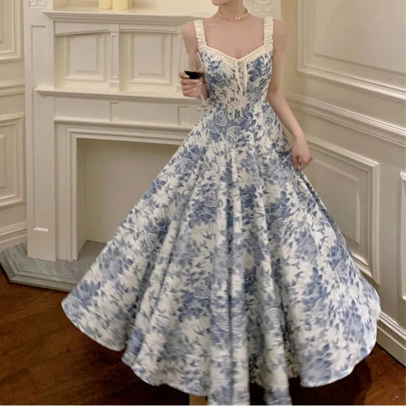 High Street Plant&Flowers Printing Bandage Patchwork V-Neck Pullover Camisole Women's Clothing Summer Ankle Skirts Dresses