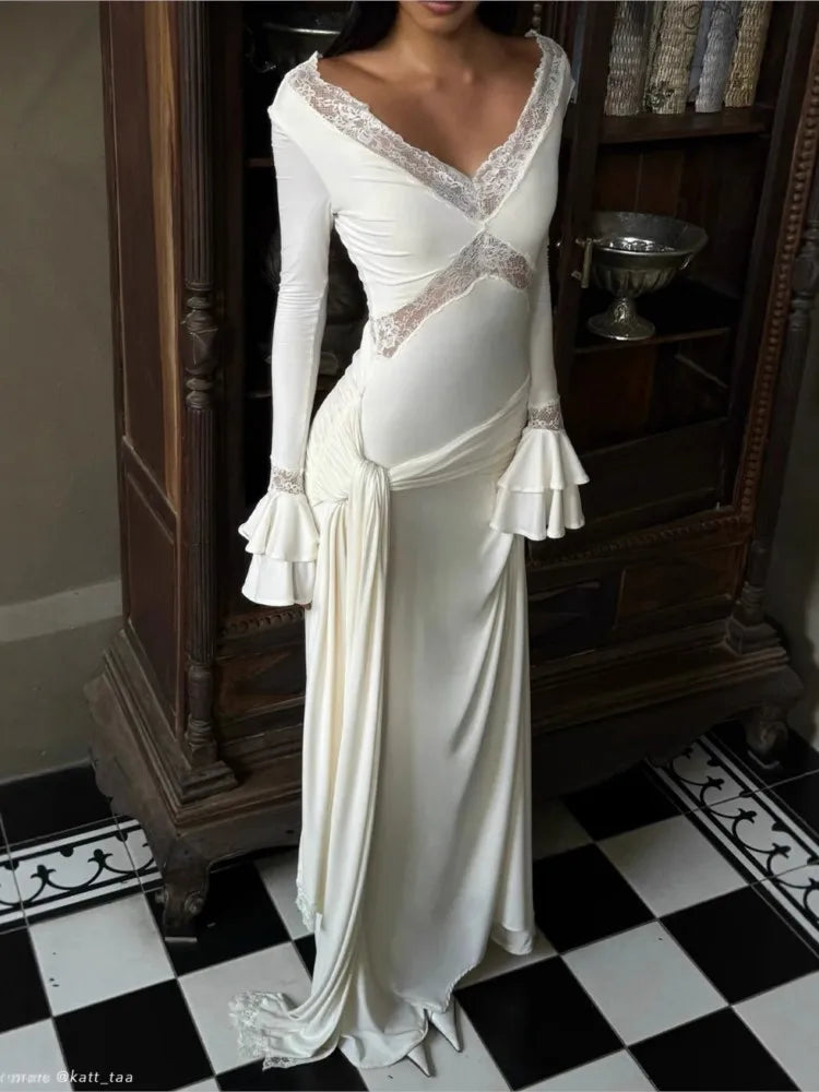 2025 Elegant  Dress French Vestidos Temperament Vestido Femininos Sexy Long Dresses Lace Patchwork Flared Sleeves V-neck Bodycon